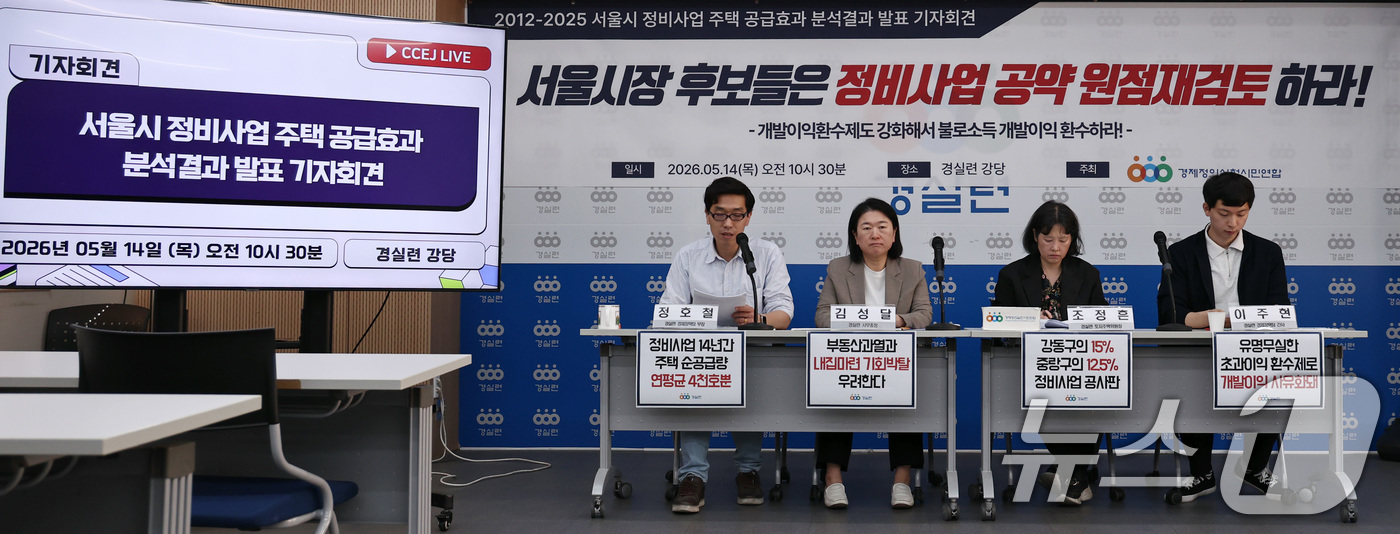 (서울=뉴스1) 구윤성 기자 = 김성달 경제정의실천시민연합(경실련) 사무총장 등 활동가들이 14일 오전 서울 종로구 경실련 강당에서 열린 '2012-2025 서울시 정비사업 주택 …