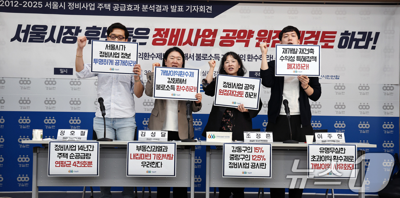 (서울=뉴스1) 구윤성 기자 = 김성달 경제정의실천시민연합(경실련) 사무총장 등 활동가들이 14일 오전 서울 종로구 경실련 강당에서 열린 '2012-2025 서울시 정비사업 주택 …