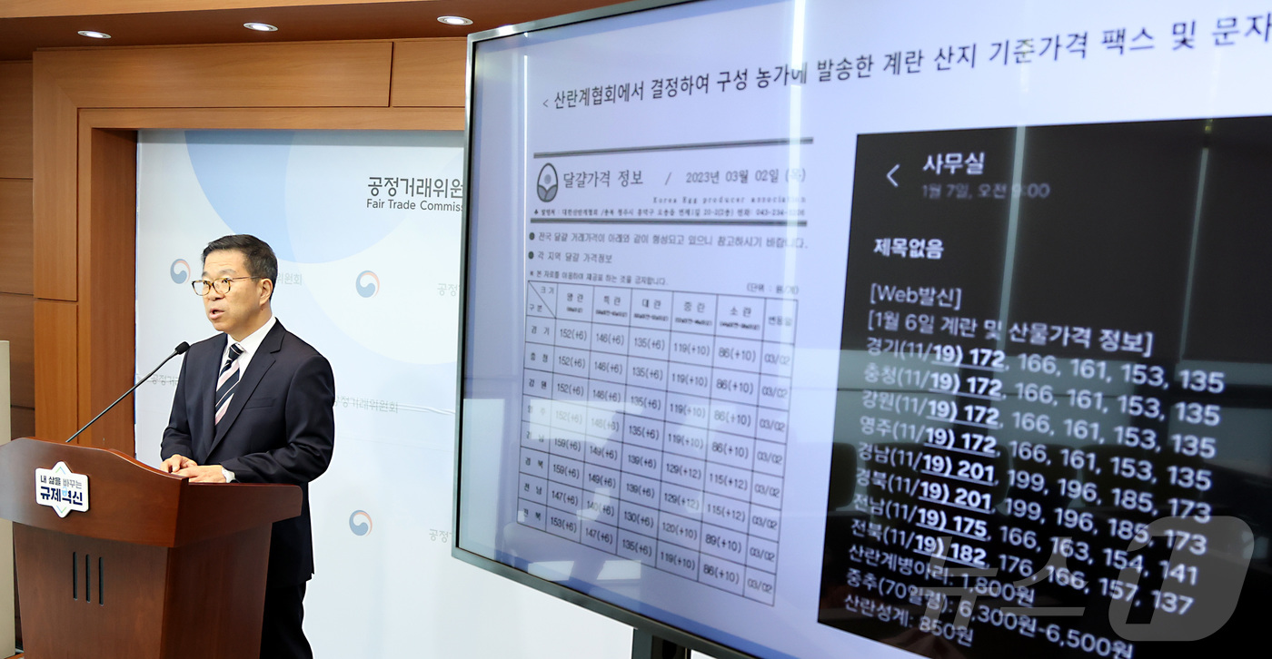(세종=뉴스1) 김기남 기자 = 문재호 공정거래위원회 카르텔조사국장이 14일 세종시 정부세종청사에서 대한산란계협회의 사업자단체 금지행위의 심의결과를 발표하고 있다.공정거래위원회는 …