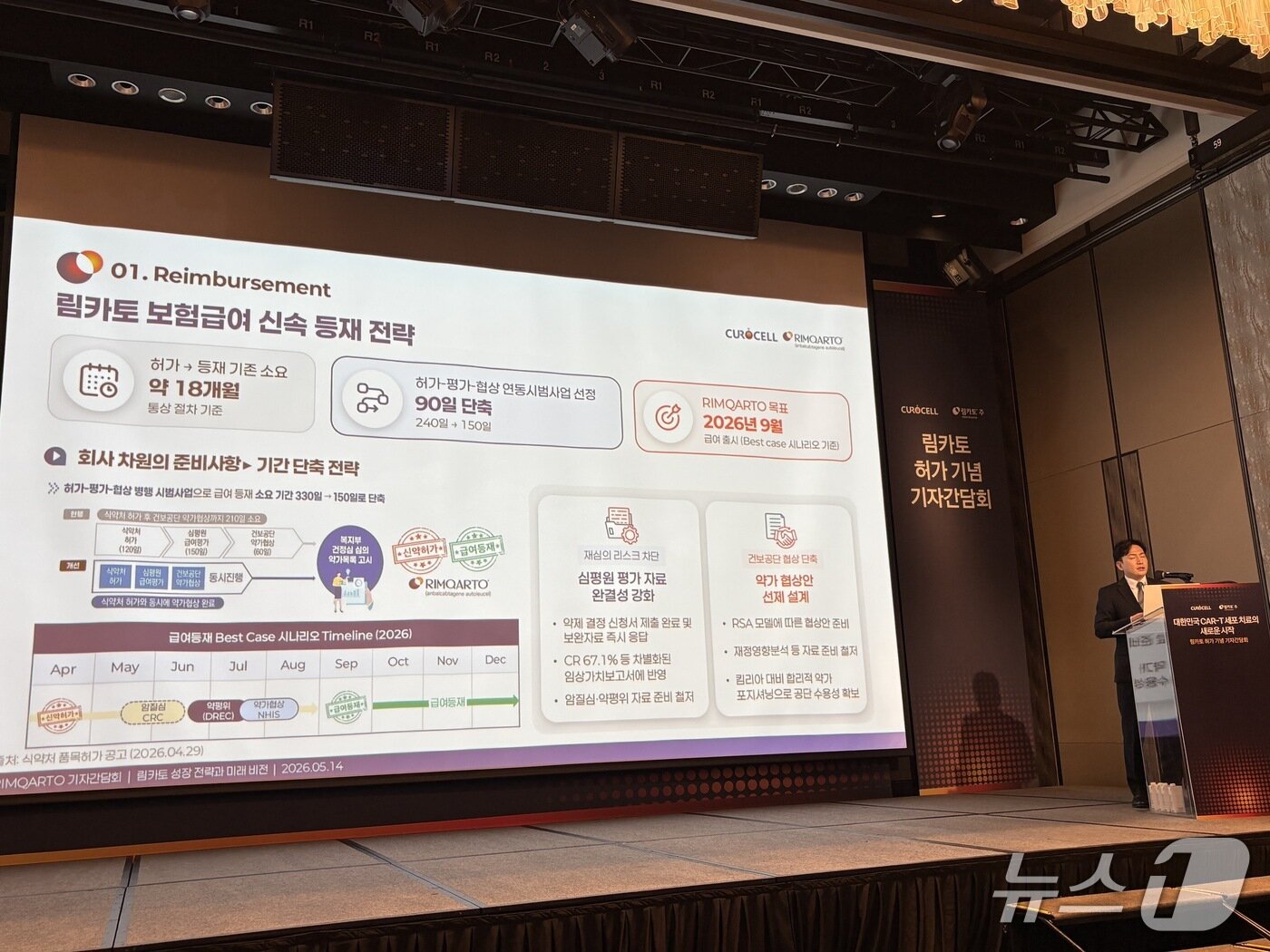본문 이미지 - 이승원 큐로셀 상무가 14일 오전 포시즌스 호텔 서울에서 열린 기자간담회에서 설명하고 있다.