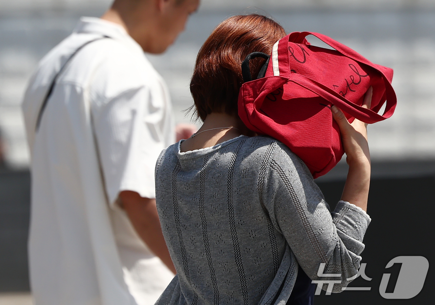 (서울=뉴스1) 김민지 기자 = 서울 낮 최고기온이 30도를 넘어선 14일 오후 서울 종로구 광화문광장에서 시민이 가방으로 뜨거운 햇빛을 피하며 발걸음을 옮기고 있다. 2026.5 …