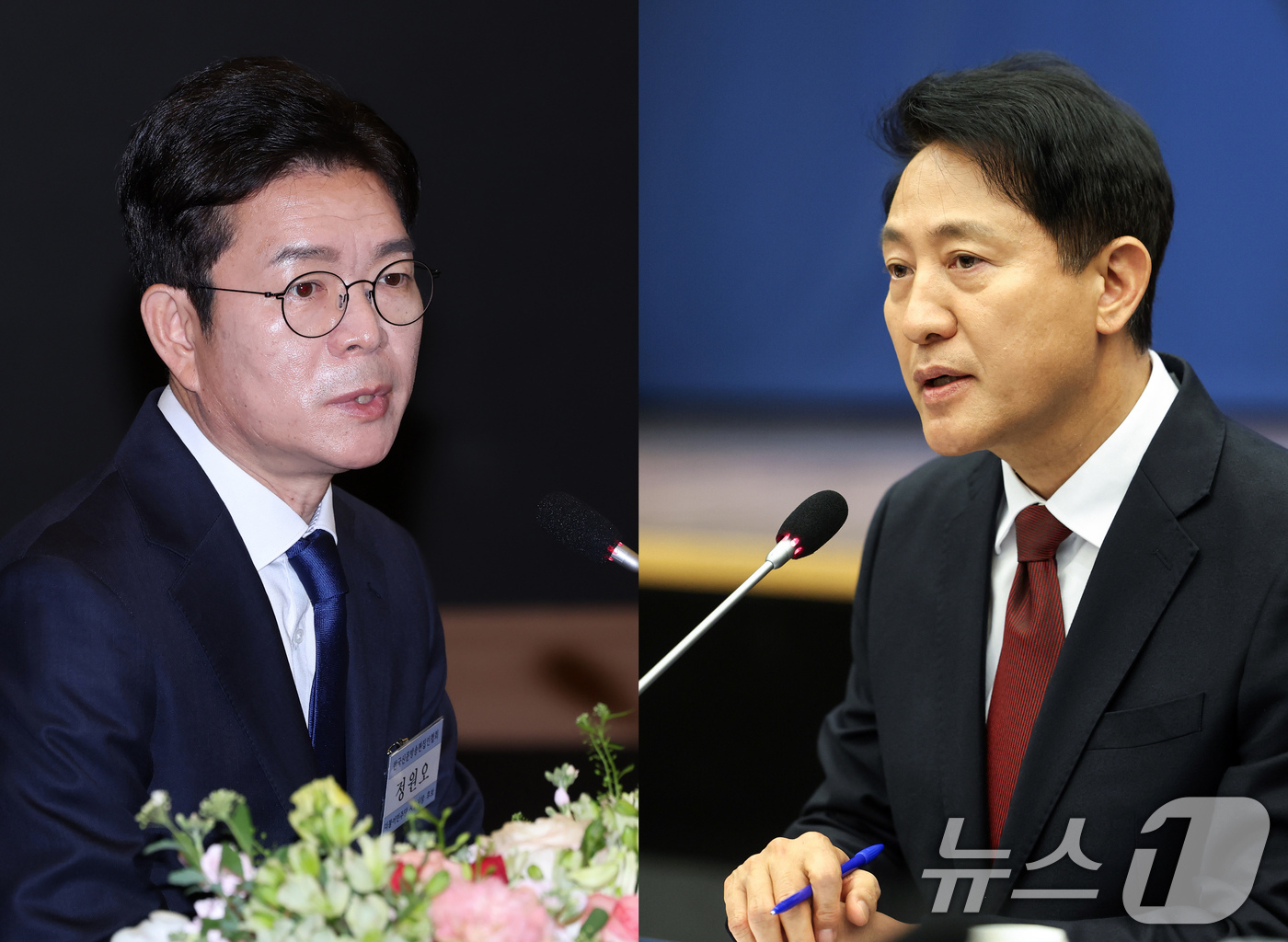 (서울=뉴스1) 임지훈 인턴기자 = 정원오 더불어민주당 서울시장 후보(왼쪽)와 오세훈 국민의힘 서울시장 후보가 14일 서울 중구 대한상공회의소 국제회의장에서 열린 한국신문방송편집인 …