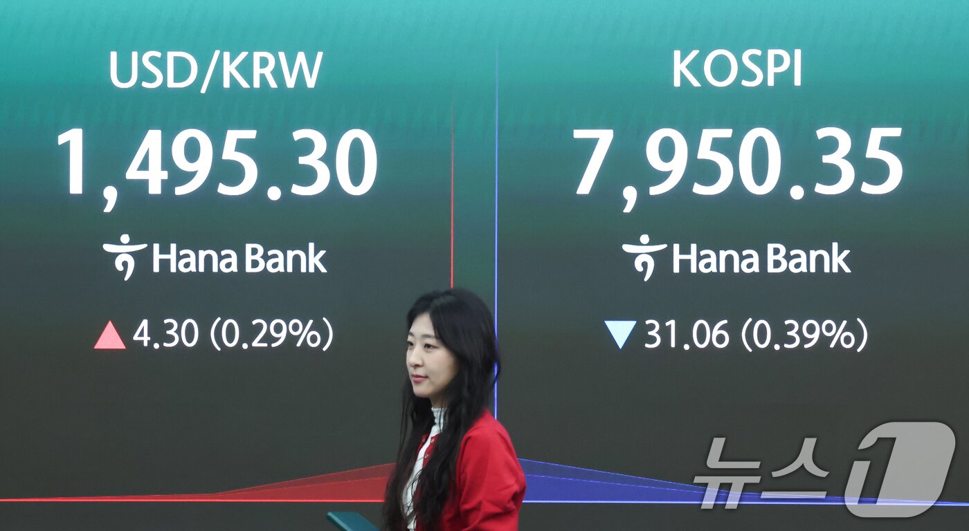 본문 이미지 - 15일 오전 서울 중구 하나은행 본점 딜링룸 전광판에 원·달러 환율, 코스피 지수가 표시되고 있다. 이날 원·달러 환율은 전 거래일 주간 거래 종가보다 3.2원 오른 1494.2원에 출발했다. 2026.5.15 ⓒ 뉴스1 임지훈 인턴기자