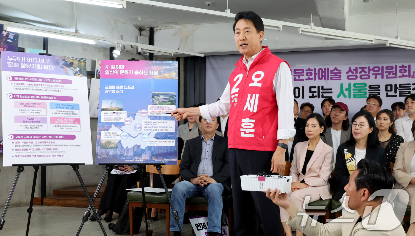 (서울=뉴스1) 조연우 인턴기자 = 오세훈 국민의힘 서울시장 후보가 15일 오전 서울 종로구 선거사무소에서 열린 '문화공약 발표 및 서울문화예술성장위원회 출범식'에서 문화공약을 발 …