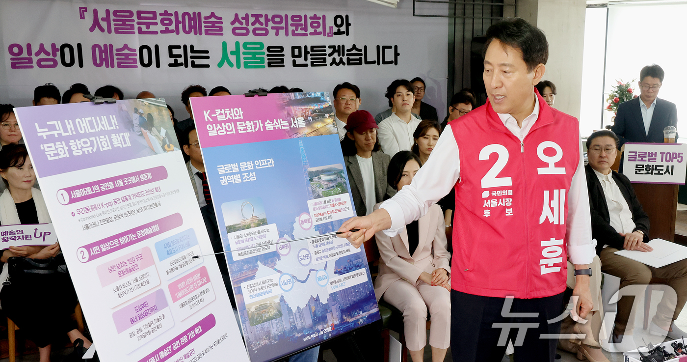 (서울=뉴스1) 조연우 인턴기자 = 오세훈 국민의힘 서울시장 후보가 15일 오전 서울 종로구 선거사무소에서 열린 '문화공약 발표 및 서울문화예술성장위원회 출범식'에서 문화공약을 발 …