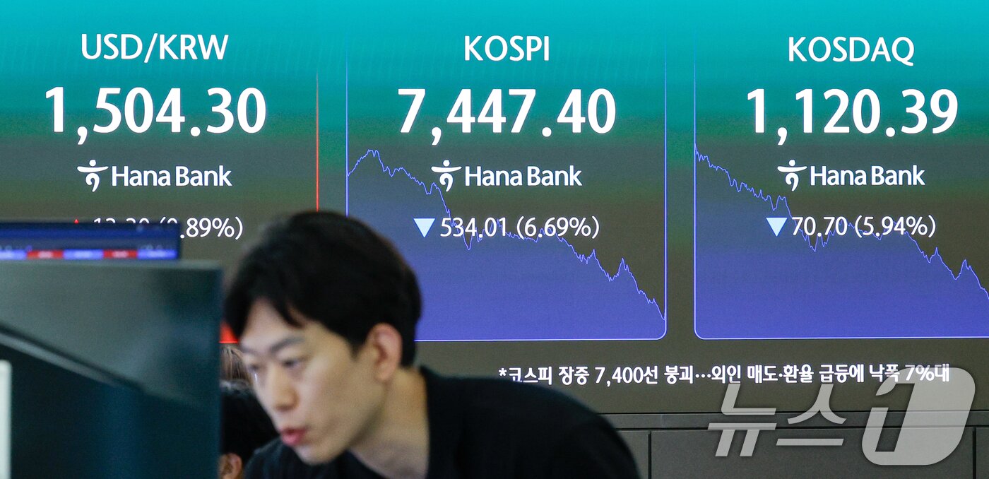 본문 이미지 - 코스피가 사상 처음으로 8000을 돌파했다가 7500선 이하로 급락한 15일 오후 서울 중구 하나은행 본점 딜링룸에서 딜러들이 업무를 보고 있다. 2026.5.15 ⓒ 뉴스1 안은나 기자