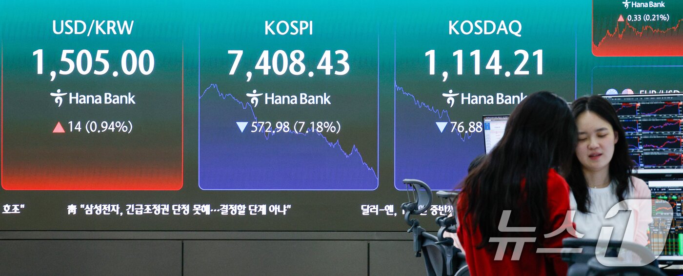 본문 이미지 - 코스피가 사상 처음으로 8000을 돌파했다가 7500선 이하로 급락한 15일 오후 서울 중구 하나은행 본점 딜링룸에서 딜러들이 업무를 보고 있다. 달러·원 환율은 한 달여 만에 1500원을 돌파했다. 2026.5.15 ⓒ 뉴스1 안은나 기자