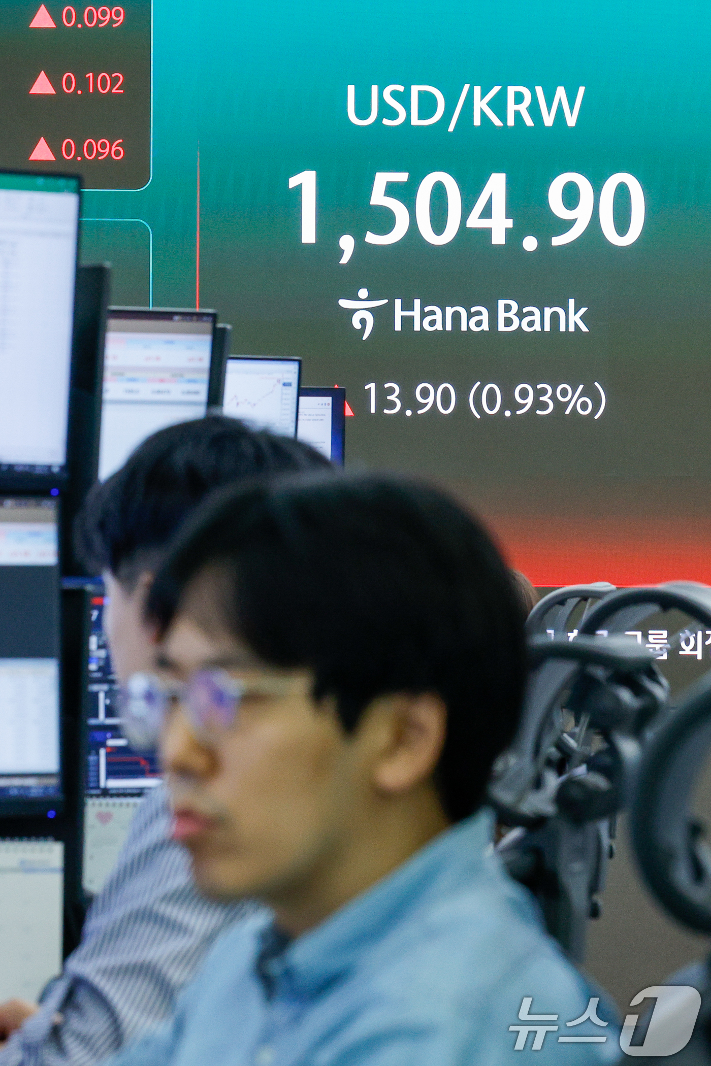 (서울=뉴스1) 안은나 기자 = 달러·원 환율이 1500원을 돌파한 15일 오후 서울 중구 하나은행 본점 딜링룸에 환율 시황이 나오고 있다. 2026.5.15/뉴스1