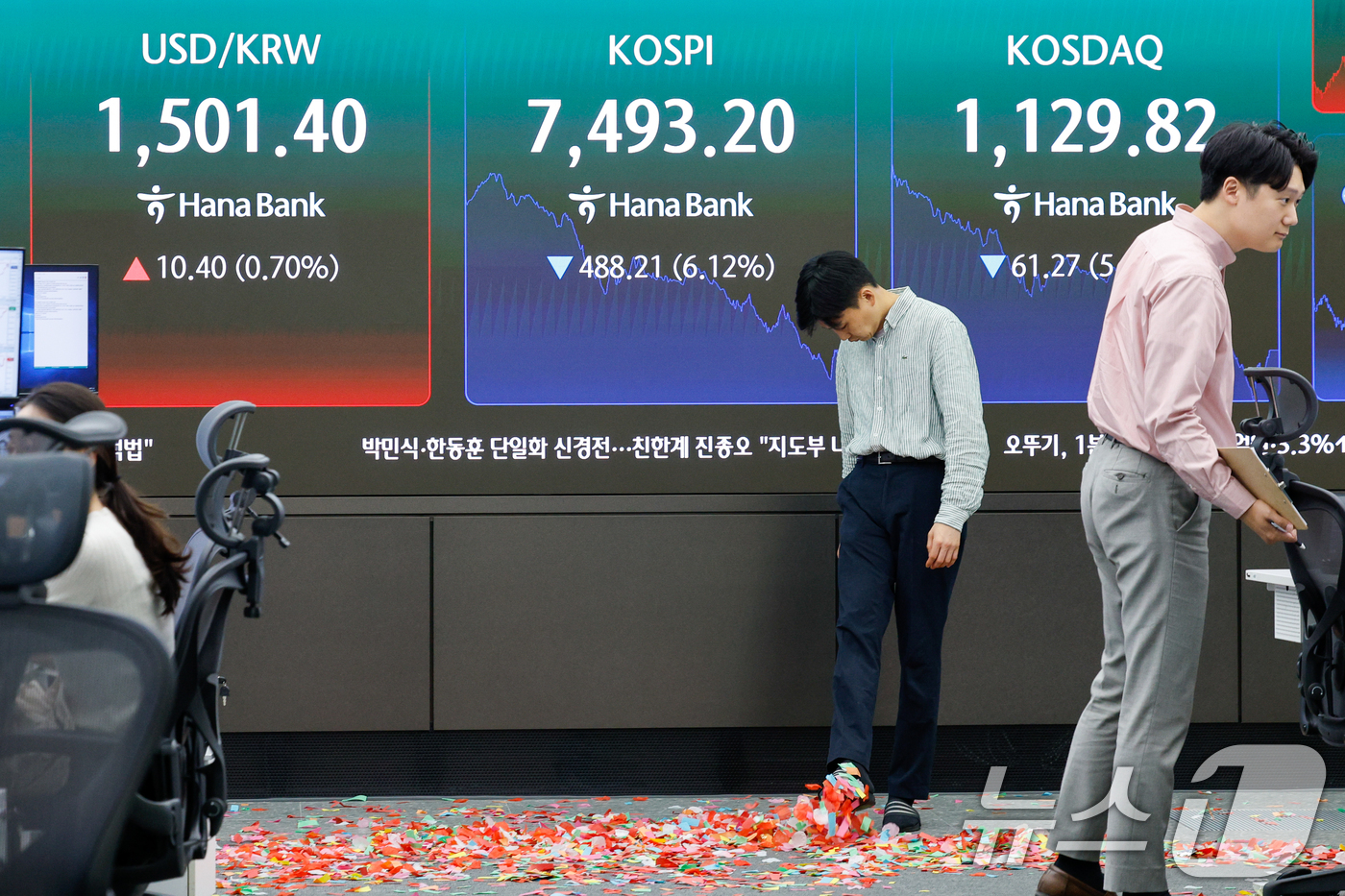 (서울=뉴스1) 안은나 기자 = 코스피가 장중 사상 처음으로 8000을 돌파했다가 7500선 이하로 급락하며 마감한 15일 오후 서울 중구 하나은행 본점 딜링룸에서 딜러들이 코스피 …