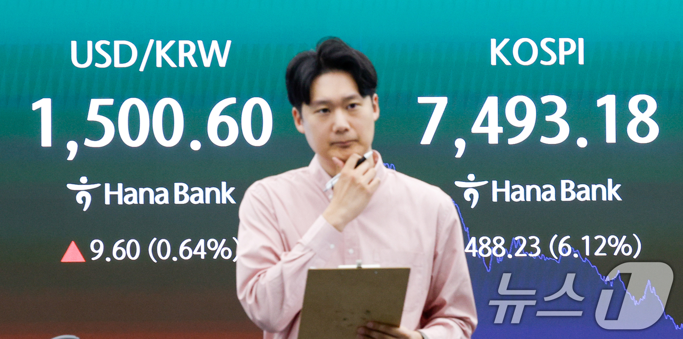 (서울=뉴스1) 안은나 기자 = 코스피가 장중 사상 처음으로 8000포인트를 돌파했다가 7490선에서 거래를 마감한 15일 오후 서울 중구 하나은행 본점 딜링룸에 종가가 나오고 있 …
