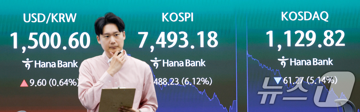 (서울=뉴스1) 안은나 기자 = 코스피가 장중 사상 처음으로 8000포인트를 돌파했다가 7490선에서 거래를 마감한 15일 오후 서울 중구 하나은행 본점 딜링룸에 종가가 나오고 있 …