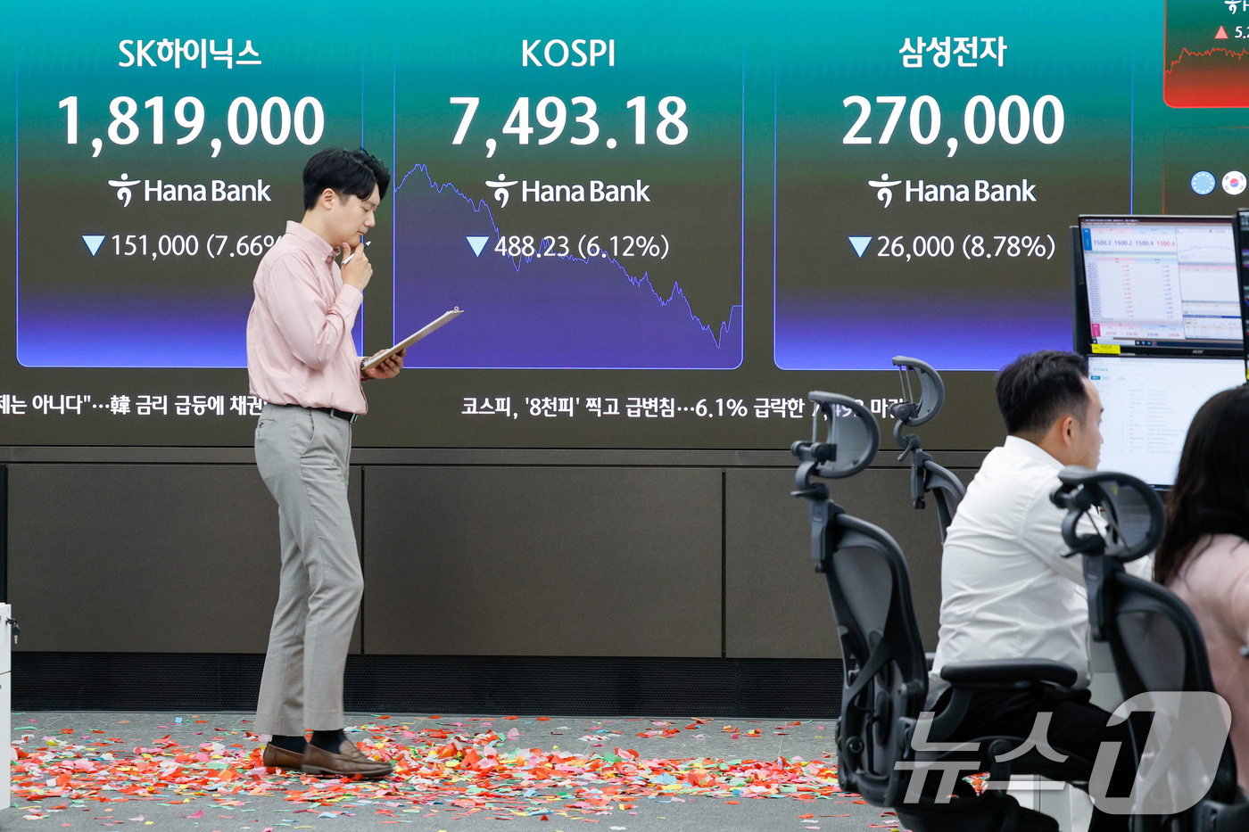 (서울=뉴스1) 안은나 기자 = 코스피가 장중 사상 처음으로 8000포인트를 돌파했다가 7490선에서 거래를 마감한 15일 오후 서울 중구 하나은행 본점 딜링룸에 코스피 지수와 S …
