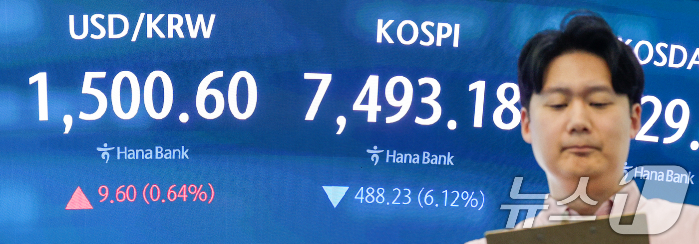 (서울=뉴스1) 안은나 기자 = 코스피가 장중 사상 처음으로 8000포인트를 돌파했다가 7490선에서 거래를 마감한 15일 오후 서울 중구 하나은행 본점 딜링룸 전광판에 종가가 나 …