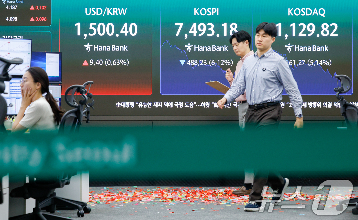 (서울=뉴스1) 안은나 기자 = 코스피가 장중 사상 처음으로 8000포인트를 돌파했다가 7490선에서 거래를 마감한 15일 오후 서울 중구 하나은행 본점 딜링룸에 종가가 나오고 있 …