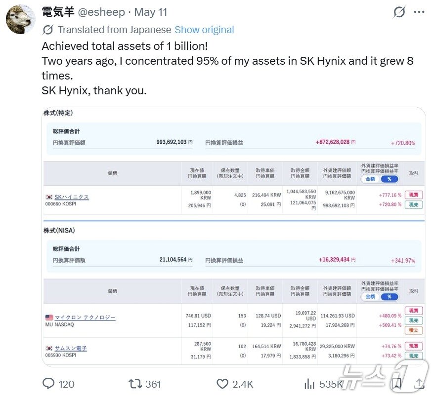 본문 이미지 - 일본인 X 이용자의 계좌 인증글 화면 갈무리
