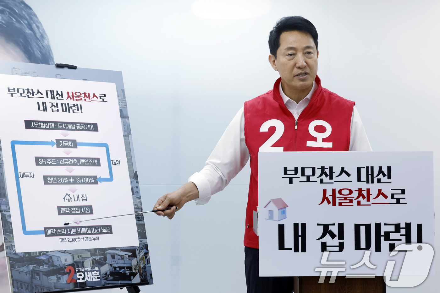 (서울=뉴스1) 박정호 기자 = 오세훈 국민의힘 서울시장 후보가 17일 오전 서울시 종로구 선거 캠프에서 '부모찬스 대신 서울찬스로 내 집 마련' 공약 발표를 하고 있다.  202 …