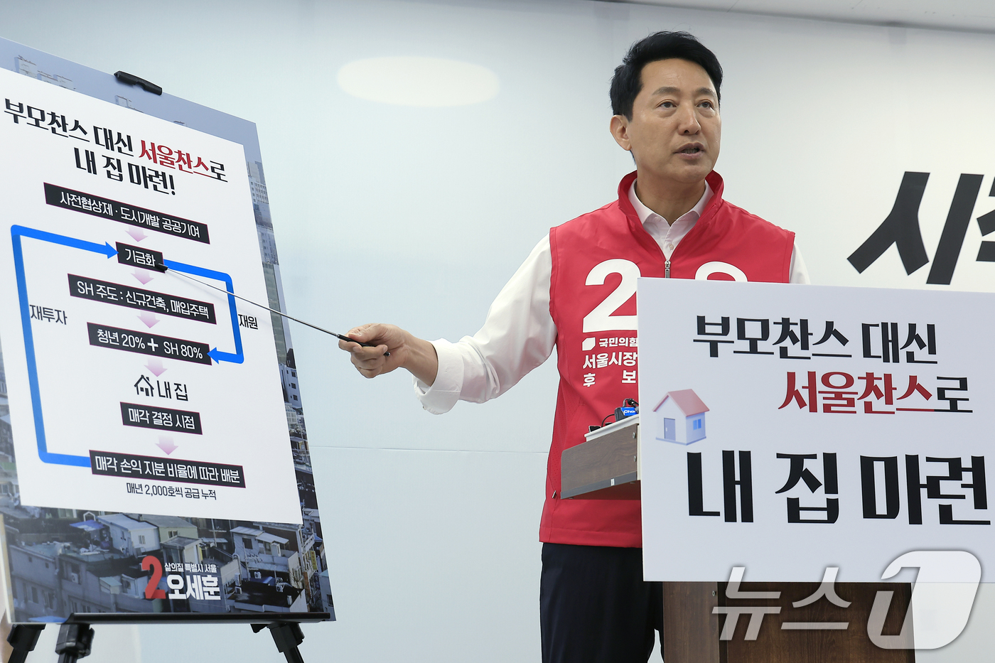 (서울=뉴스1) 박정호 기자 = 오세훈 국민의힘 서울시장 후보가 17일 오전 서울시 종로구 선거 캠프에서 '부모찬스 대신 서울찬스로 내 집 마련' 공약 발표를 하고 있다.  202 …