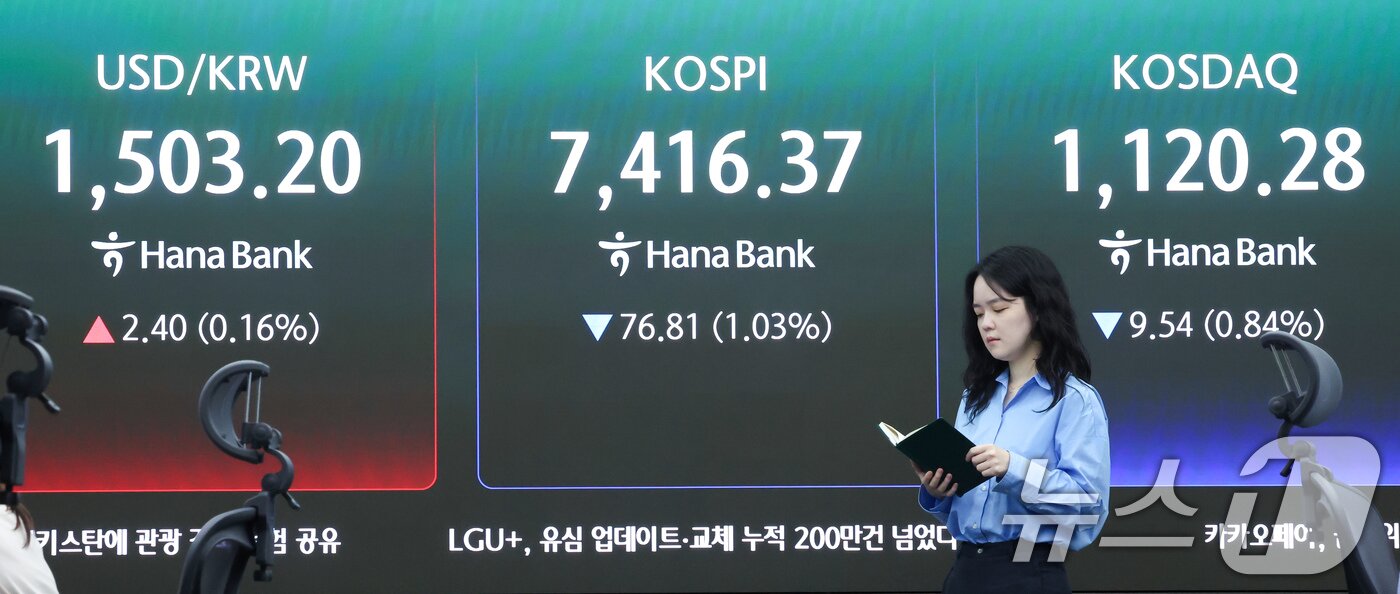 본문 이미지 - 코스피가 장중 7300선 밑으로 내려간 18일 오전 서울 중구 하나은행 본점 딜링룸 전광판에 코스피, 코스닥 지수 등이 표시되고 있다.  2026.5.18 ⓒ 뉴스1 임지훈 인턴기자