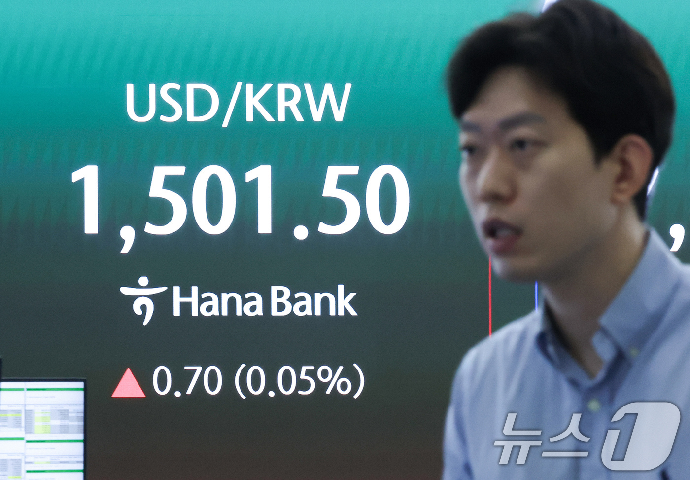 (서울=뉴스1) 임지훈 인턴기자 = 원·달러 환율이 1500원대를 넘어선 18일 오전 서울 중구 하나은행 본점 딜링룸 전광판에 원·달러 환율이 표시되고 있다.이날 원·달러 환율은 …