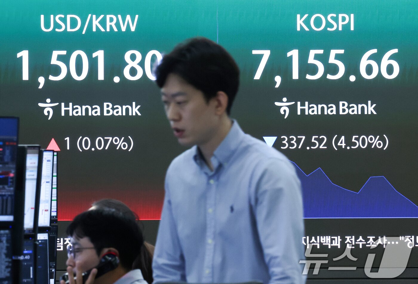 본문 이미지 - 코스피가 장중 4%대 급락해 매도 사이드카가 발동한 18일 오전 서울 중구 하나은행 본점 딜링룸 전광판에 코스피 지수 등이 표시되고 있다.  2026.5.18 ⓒ 뉴스1 임지훈 인턴기자