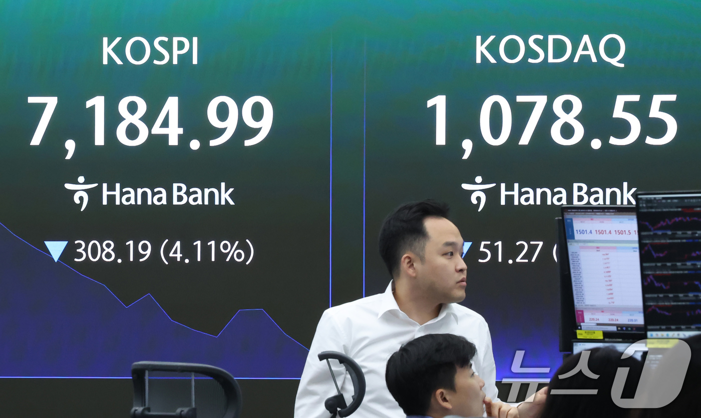 (서울=뉴스1) 임지훈 인턴기자 = 코스피가 장중 4%대 급락해 매도 사이드카가 발동한 18일 오전 서울 중구 하나은행 본점 딜링룸 전광판에 코스피 지수 등이 표시되고 있다.이날 …