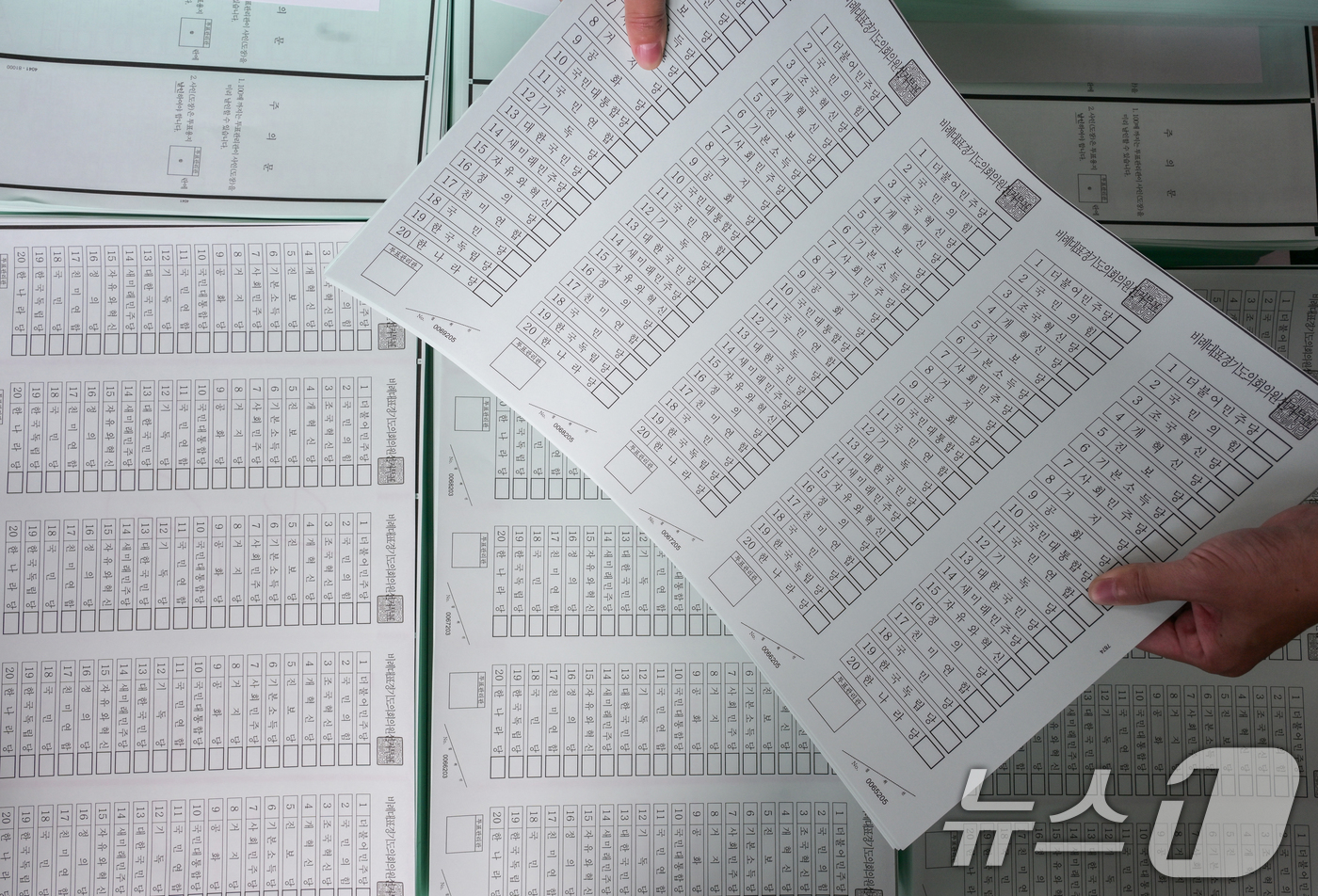 (수원=뉴스1) 김영운 기자 = 제9회 전국동시지방선거 투표용지 인쇄가 시작된 18일 오전 경기 수원시의 한 인쇄소에서 관계자가 투표용지를 점검하고 있다. (공동취재) 2026.5 …