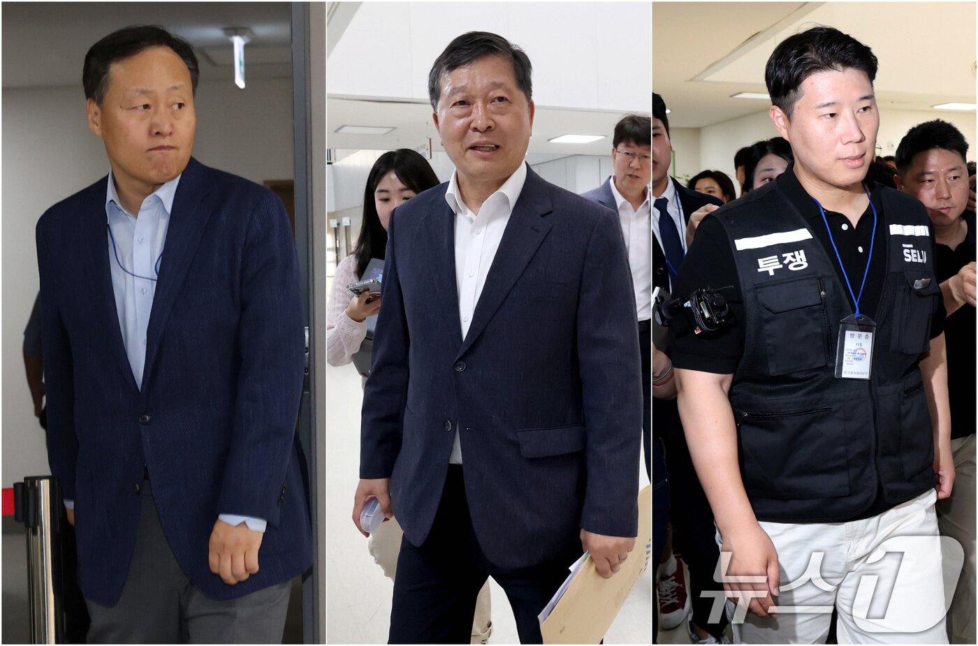 본문 이미지 - 여명구 사측 대표교섭위원(반도체 부문 피플팀장, 왼쪽부터), 박수근 중앙노동위원회 위원장, 최승호 삼성전자 초기업노동조합 삼성전자지부 위원장이 18일 정부세종청사 중앙노동위원회에서 열린 2차 삼성전자 노사 사후조정 회의에 참석하고 있다. 2026.5.18 ⓒ 뉴스1 김기남 기자