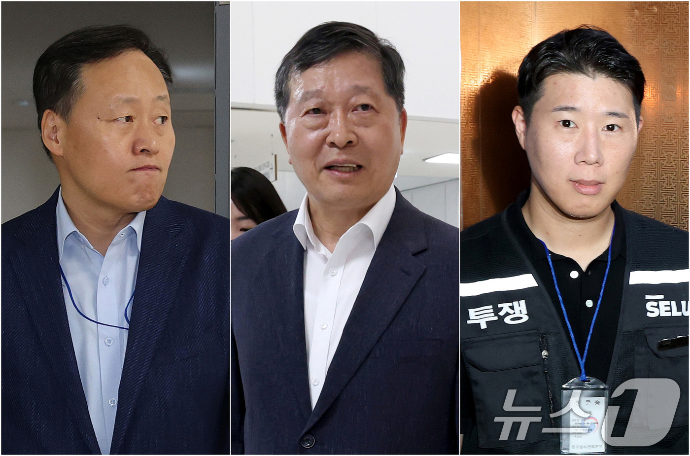 (세종=뉴스1) 김기남 기자 = 여명구 사측 대표교섭위원(반도체 부문 피플팀장, 왼쪽부터), 박수근 중앙노동위원회 위원장, 최승호 삼성전자 초기업노동조합 삼성전자지부 위원장이 18 …