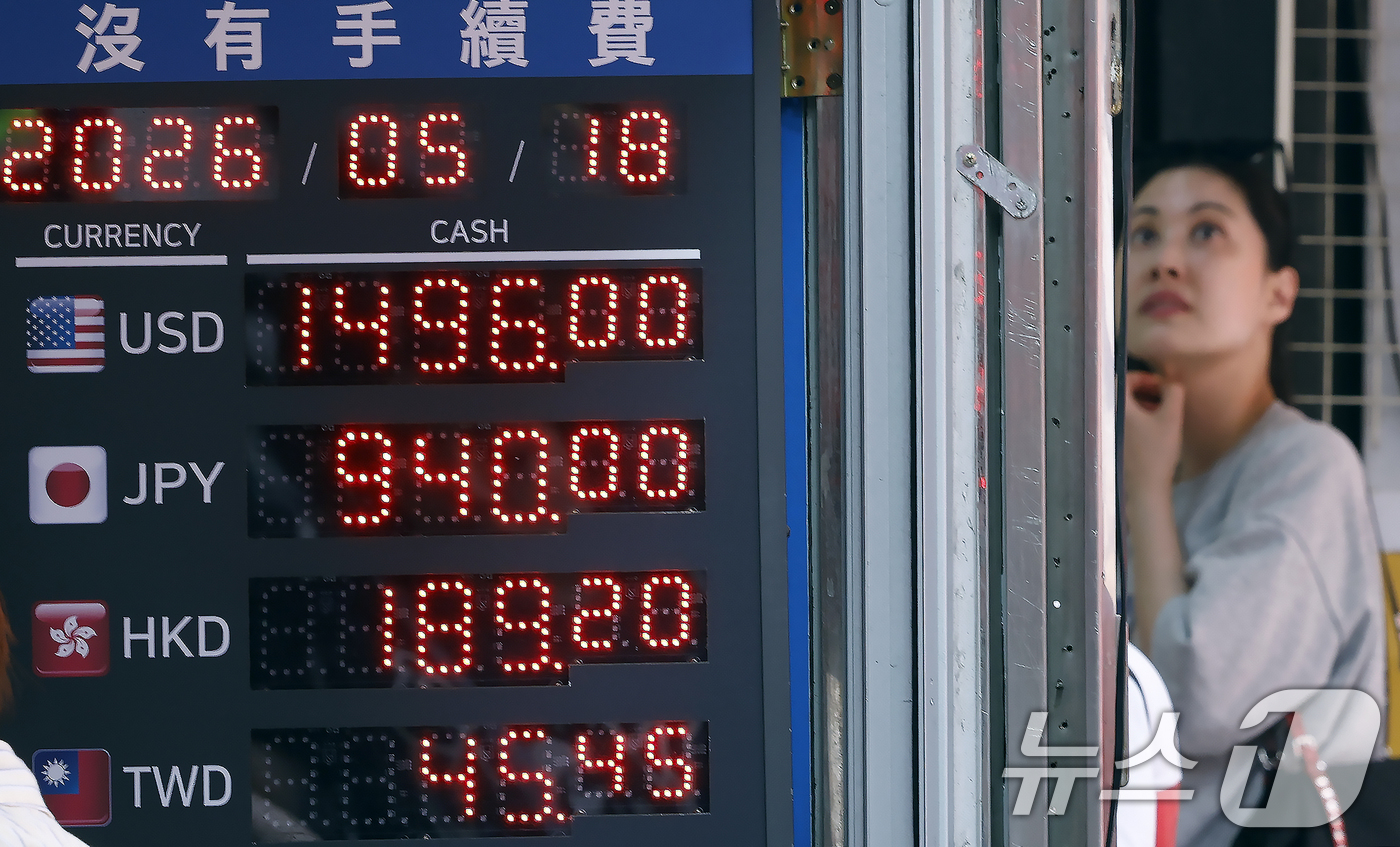 (서울=뉴스1) 박정호 기자 = 중동 불확실성이 다시 고조되며 달러·원 환율이 1500원대를 상회하고 있는 18일 오후 서울 중구 명동의 한 환전소에서 한 외국인 관광객이 환전을 …
