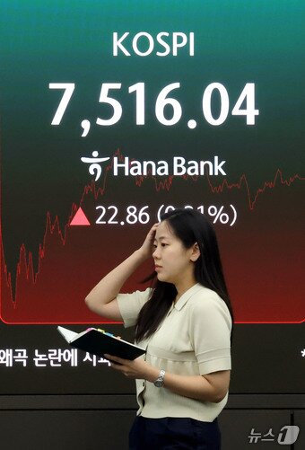 본문 이미지 - 코스피가 극심한 변동성 끝에 7500선을 회복한 18일 오후 서울 중구 하나은행 딜링룸 현황판에 전장대비 22.86포인트(0.31%) 상승한 7,516.04를 나타내고 있다. 2026.5.18 ⓒ 뉴스1 이광호 기자