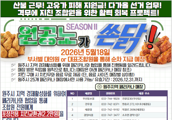 원주시노조, 격무에 지친 조합원 위해 치킨 선물 제공