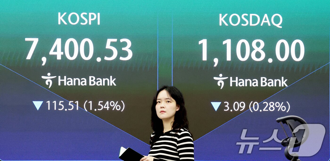 본문 이미지 - 코스피 지수가 연일 하락세를 보인 19일 오전 서울 중구 하나은행 딜링룸 전광판에 시황이 표시되고 있다. 2026.5.19 ⓒ 뉴스1 조연우 인턴기자