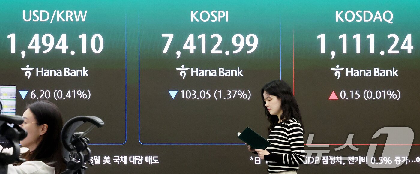 본문 이미지 - 코스피 지수가 연일 하락세를 보인 19일 오전 서울 중구 하나은행 딜링룸 전광판에 시황이 표시되고 있다.2026.5.19 ⓒ 뉴스1 조연우 인턴기자