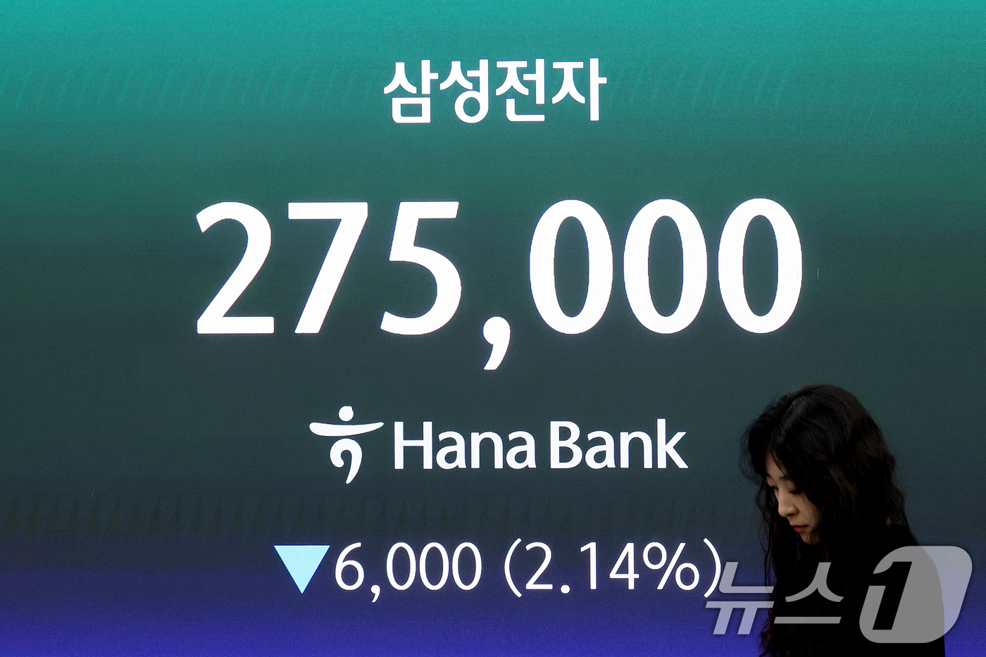 (서울=뉴스1) 조연우 인턴기자 = 삼성전자 노조가 성과급 재원과 상한 폐지 등을 놓고 사측과 대립하며 총파업을 예고한 가운데 19일 오전 서울 중구 하나은행 딜링룸 전광판에 삼성 …