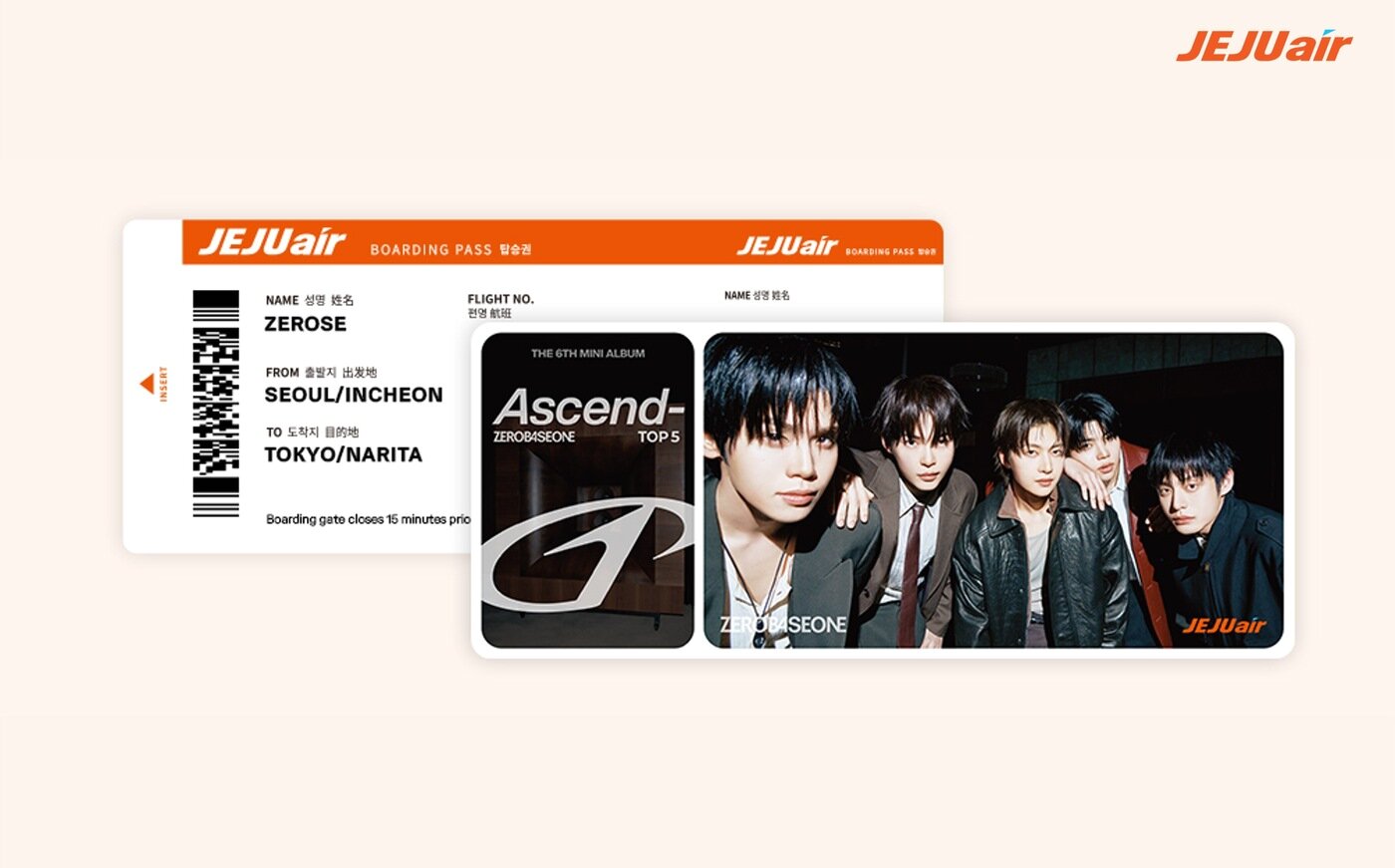 본문 이미지 - 남성 아이돌그룹 제로베이스원(ZEROBASEONE)의 미니 6집 '어센드(Ascend·상승)-' 컴백을 기념해 제주항공이 제작한 국제선 항공권의 모습(자료사진. 제주항공 제공). 2026.5.19.