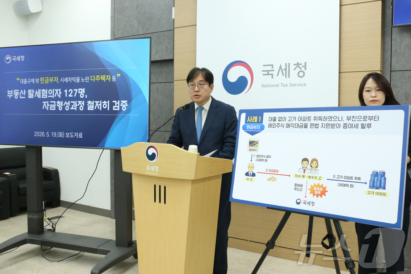 (서울=뉴스1) = 오상훈 국세청 자산과제국장이 19일 오전 정부세종청사 국세청 기자실에서 부동산 탈세혐의자 127명 세무조사 착수에 관한 브리핑을 하고 있다. (국세청 제공. 재 …