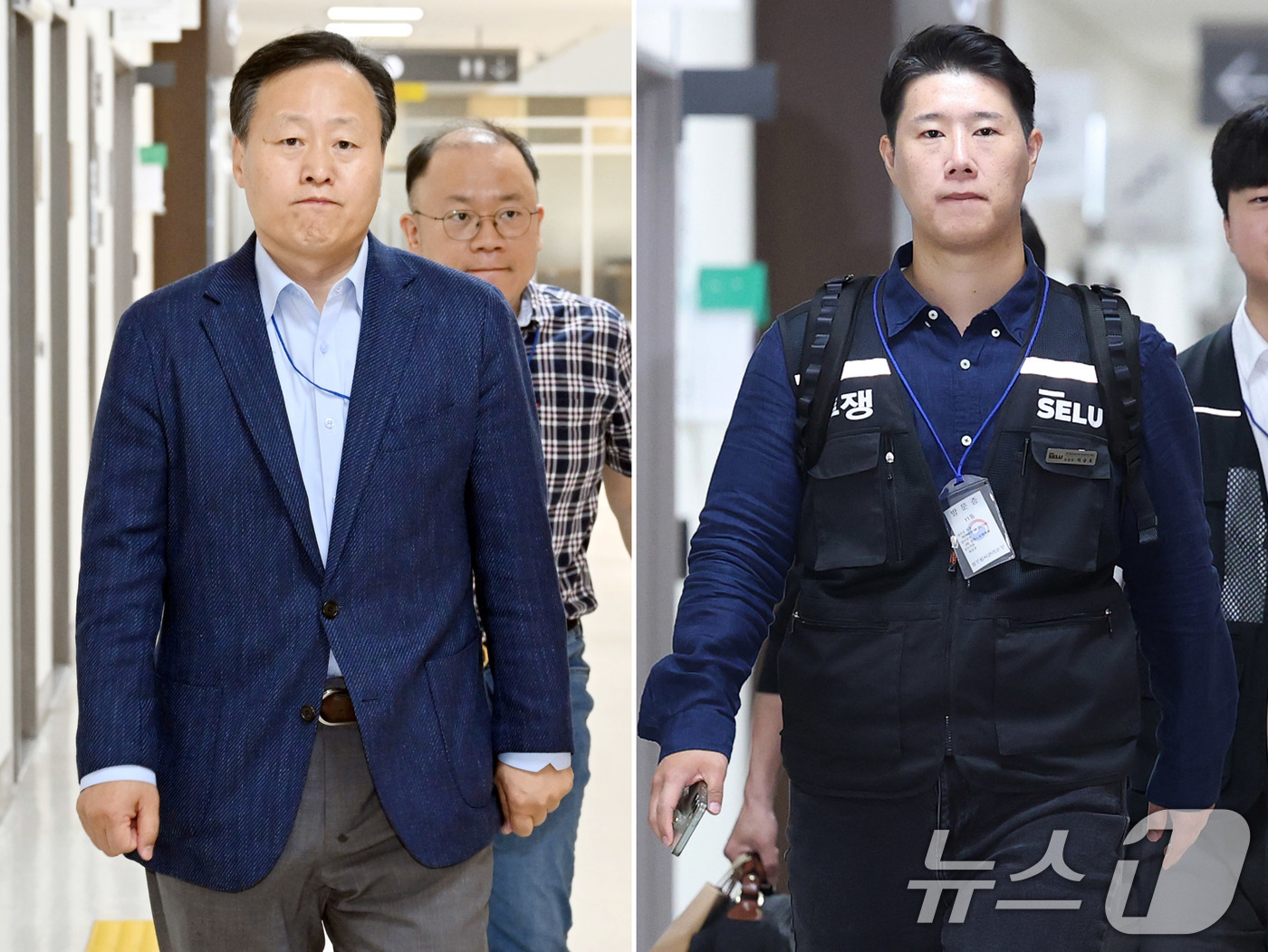 (세종=뉴스1) 오대일 기자 = 삼성전자 사측 대표교섭위원인 여명구 DS(반도체 부문) 피플팀장(왼쪽)과 최승호 삼성그룹 초기업노동조합 삼성전자지부 위원장이 총파업 예고 시한을 이 …