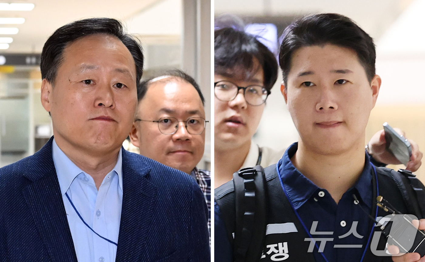 (세종=뉴스1) 오대일 기자 = 삼성전자 사측 대표교섭위원인 여명구 DS(반도체 부문) 피플팀장(왼쪽)과 최승호 삼성그룹 초기업노동조합 삼성전자지부 위원장이 총파업 예고 시한을 이 …