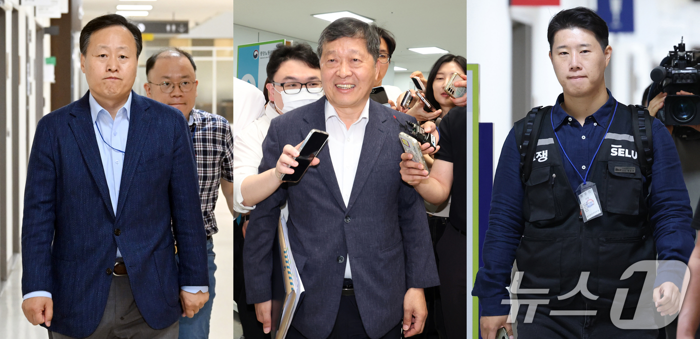 (세종=뉴스1) 오대일 기자 = 삼성전자 사측 대표교섭위원인 여명구 DS(반도체 부문) 피플팀장(왼쪽부터), 박수근 중앙노동위원장, 최승호 삼성그룹 초기업노동조합 삼성전자지부 위원 …