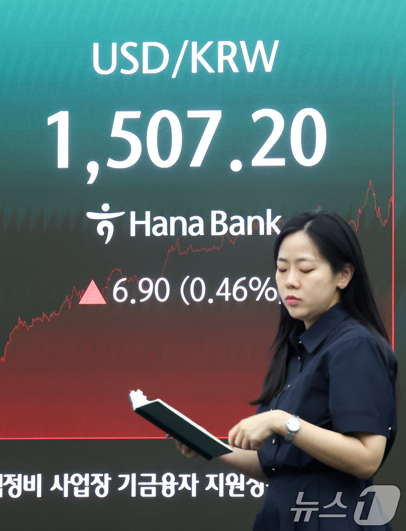 (서울=뉴스1) 임지훈 인턴기자 = 원·달러 환율이 다시 1500원대를 기록한 19일 오후 서울 중구 하나은행 본점 딜링룸 전광판에 원·달러 환율이 표시되고 있다.이날 원·달러 환 …