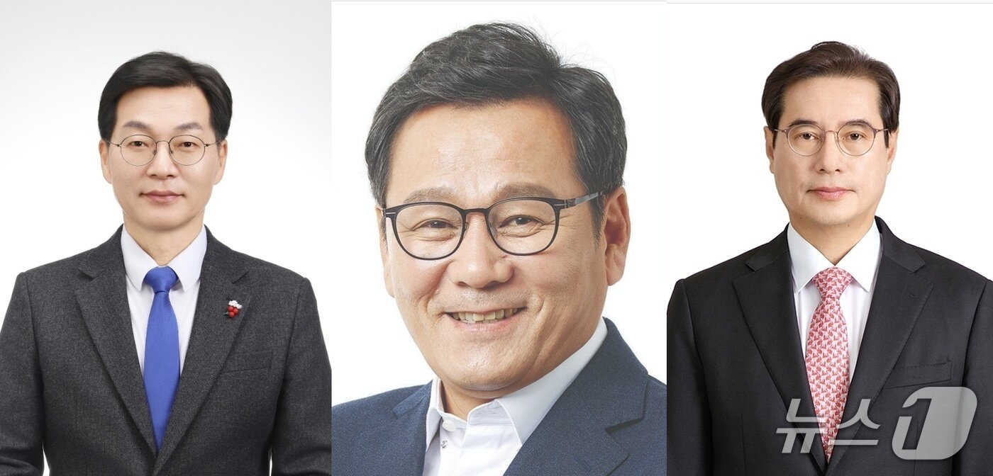 본문 이미지 - 6·3 지방선거 강원 강릉시장 후보로 맞붙게 된 김중남 더불어민주당 후보(사진 왼쪽)와 김홍규 국민의힘 후보(가운데), 김동기 무소속 후보.(정당 기호 순)