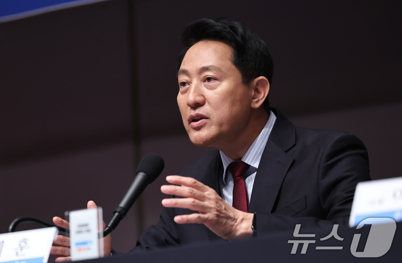 (서울=뉴스1) 구윤성 기자 = 오세훈 국민의힘 서울시장 후보가 20일 오전 서울 중구 한국프레스센터에서 열린 관훈클럽 초청 토론회에서 발언하고 있다. 2026.5.20/뉴스1