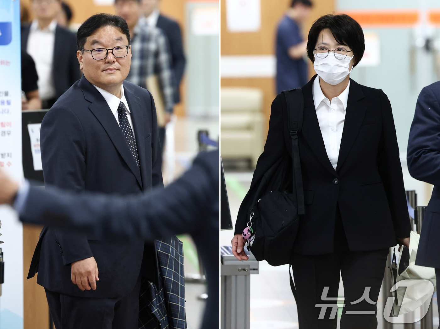 (서울=뉴스1) 최지환 기자 = 쿠팡 퇴직금 사건 관련 수사를 무마한 혐의로 기소된 엄희준 광주고검 검사(왼쪽)와 김동희 부산고검 검사가 20일 오전 서울 서초구 서울중앙지방법원에 …