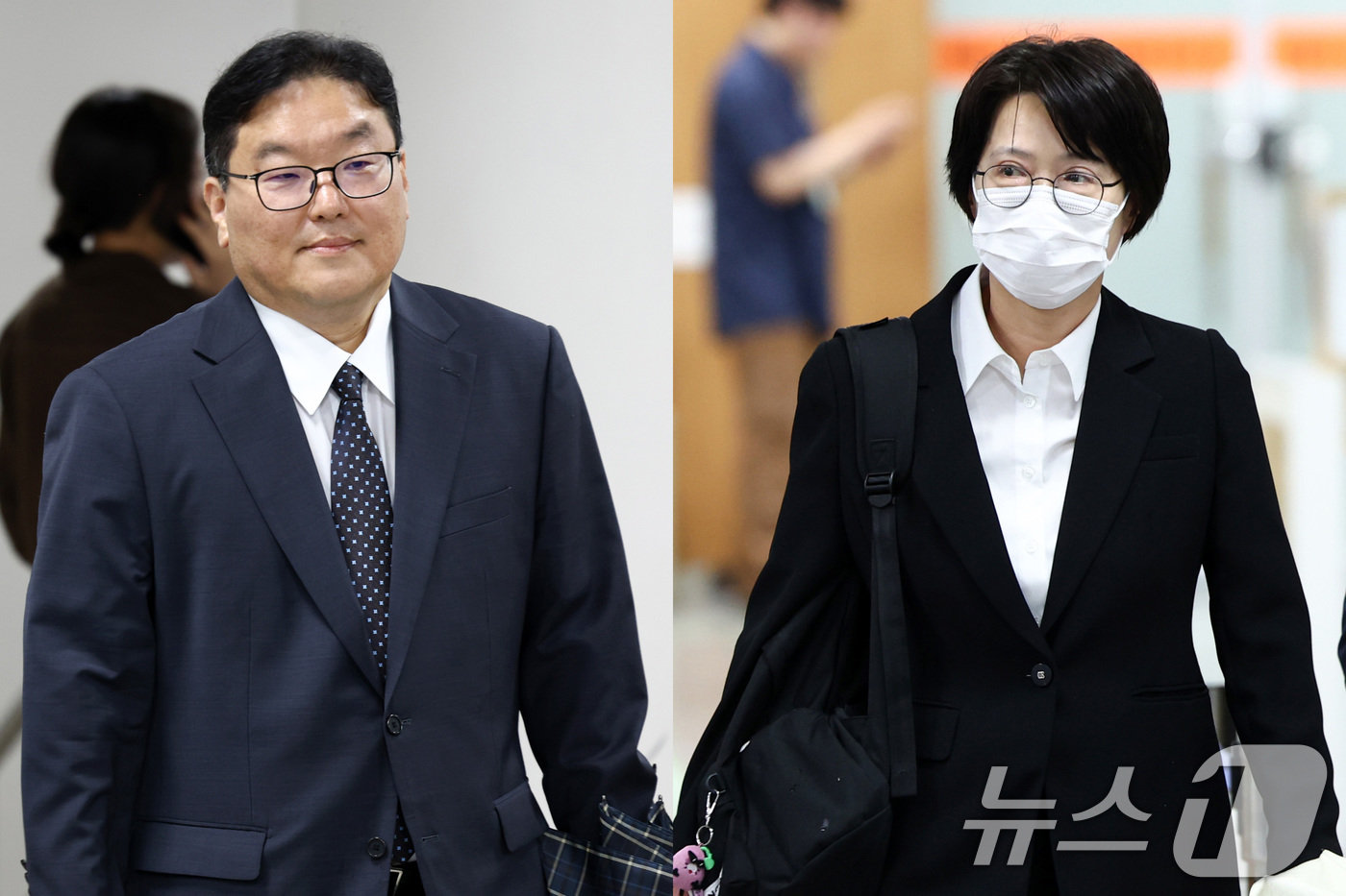 (서울=뉴스1) 최지환 기자 = 쿠팡 퇴직금 사건 관련 수사를 무마한 혐의로 기소된 엄희준 광주고검 검사(왼쪽)와 김동희 부산고검 검사가 20일 오전 서울 서초구 서울중앙지방법원에 …