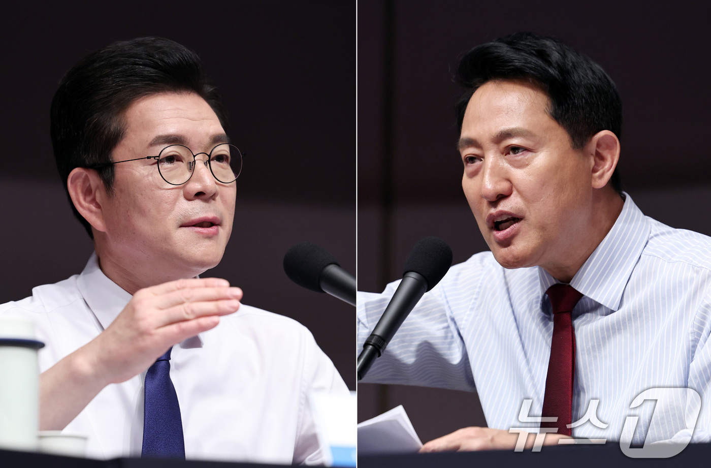 (서울=뉴스1) 구윤성 기자 = 정원오 더불어민주당 서울시장 후보(왼쪽)와 오세훈 국민의힘 서울시장 후보가 20일 오전 서울 중구 한국프레스센터에서 열린 관훈클럽 초청 토론회에서 …