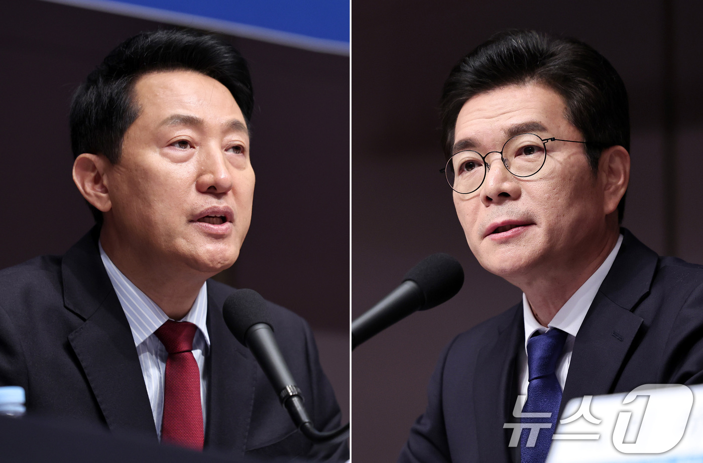 (서울=뉴스1) 구윤성 기자 = 정원오 더불어민주당 서울시장 후보(왼쪽)와 오세훈 국민의힘 서울시장 후보가 20일 오전 서울 중구 한국프레스센터에서 열린 관훈클럽 초청 토론회에서 …