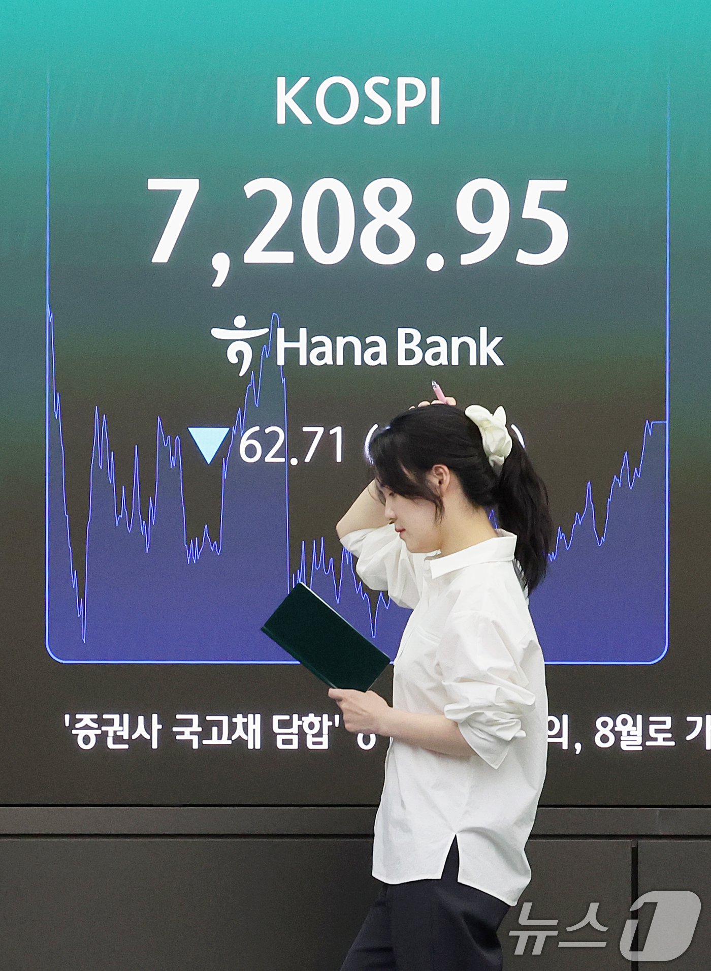 (서울=뉴스1) 조연우 인턴기자 = 코스피 지수가 외국인 매도세와 삼성전자 노사 리스크 등 영향으로 하락한 20일 오후 서울 중구 하나은행 본점 딜링룸 전광판에 종가가 표시되고 있 …
