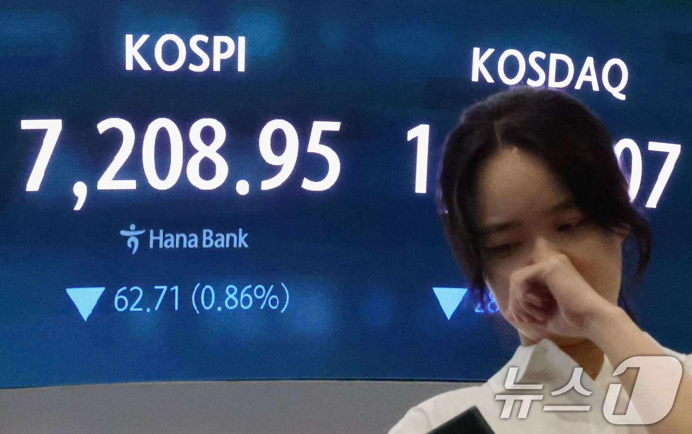 (서울=뉴스1) 조연우 인턴기자 = 코스피 지수가 외국인 매도세와 삼성전자 노사 리스크 등 영향으로 하락한 20일 오후 서울 중구 하나은행 본점 딜링룸 전광판에 종가가 표시되고 있 …