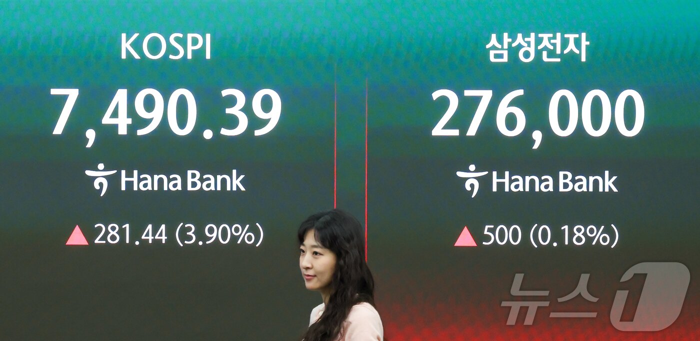 본문 이미지 - 코스피가 개장 직후 7500선을 돌파한 21일 서울 중구 하나은행 딜링룸 전광판에 코스피 삼성전자 주가가 표시돼 있다.  ⓒ 뉴스1 이종수 인턴기자