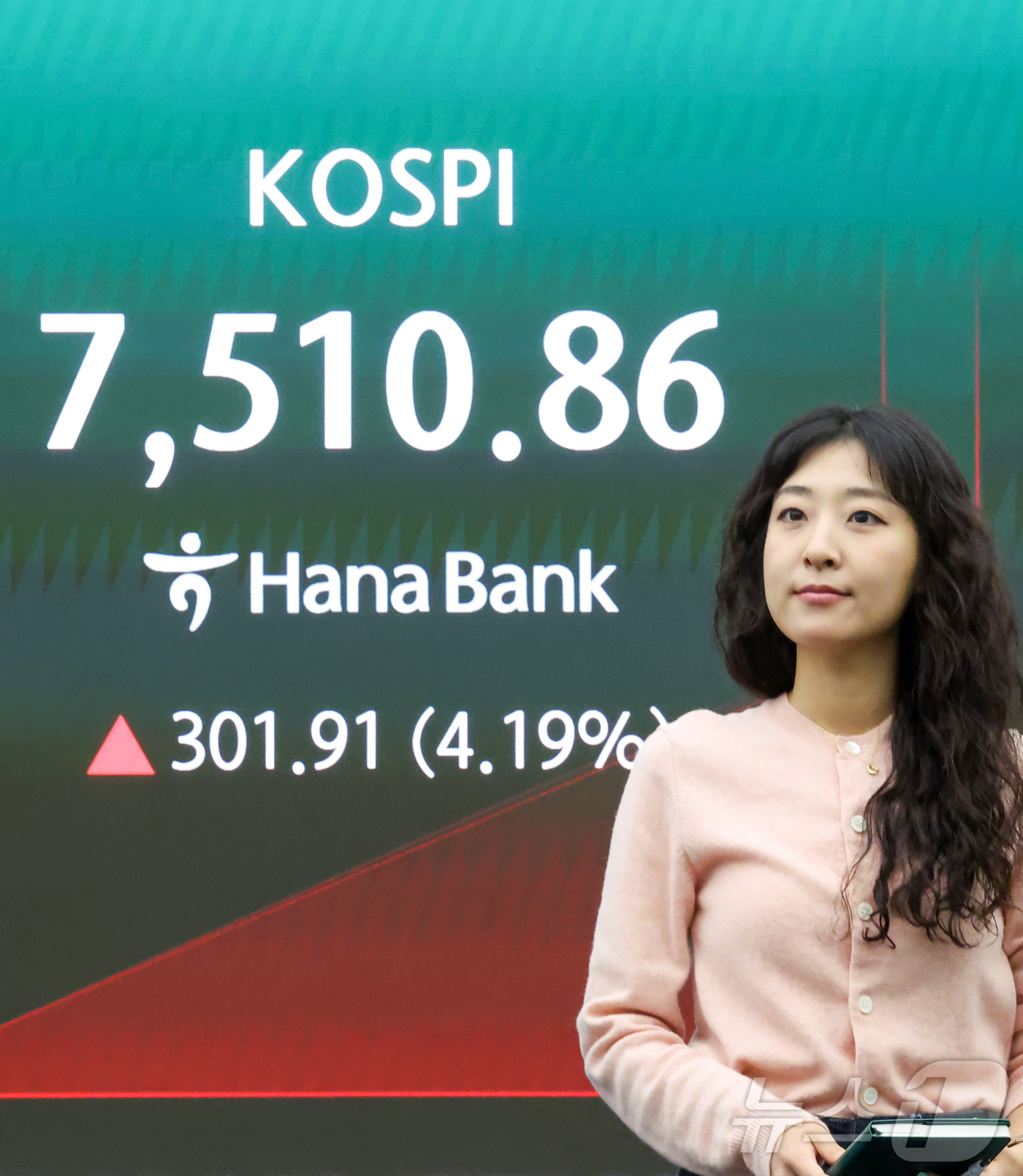 (서울=뉴스1) 이종수 인턴기자 = 코스피가 개장 직후 7500선을 돌파한 21일 서울 중구 하나은행 딜링룸 전광판에 코스피 지수가 표시돼 있다. 이날 코스피는 장 초반 4%대 급 …